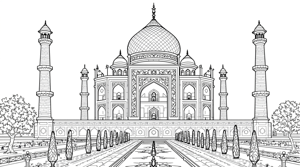 タージマハルの精密な塗り絵 - ムガル建築とイスラム文様を忠実に再現した大人向けぬりえ