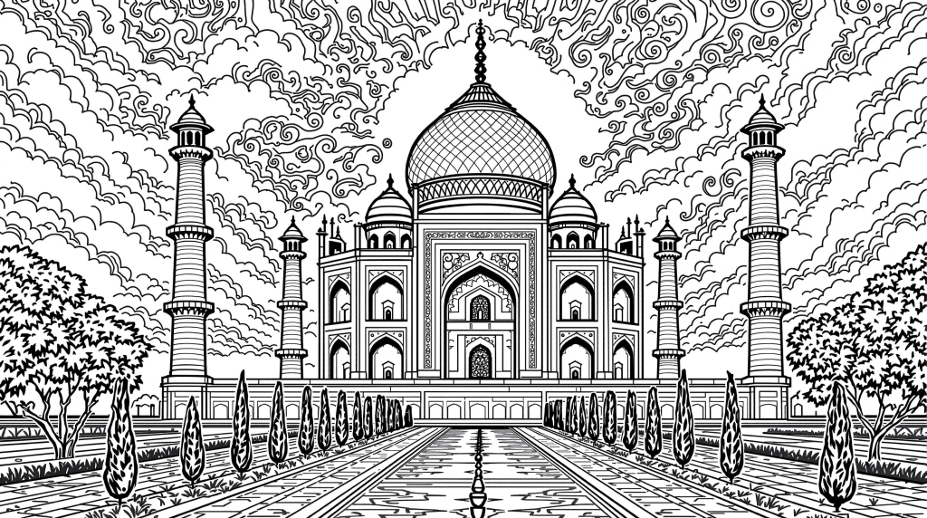タージマハル塗り絵 - 奥行きのある遠近法デザインと精巧な雲の背景