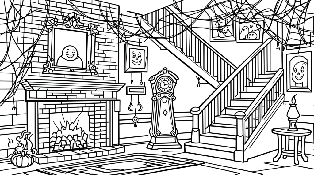En begyndervenlig farvelægningsside af et spøgelseshus interiør med stor trappe, murstensovn og uhyggelige dekorationer.