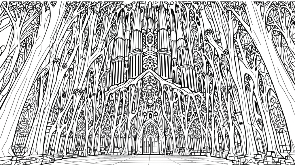 ガウディの象徴的な建築要素が織りなすサグラダ・ファミリア内部断面図の魅惑的な大人の塗り絵