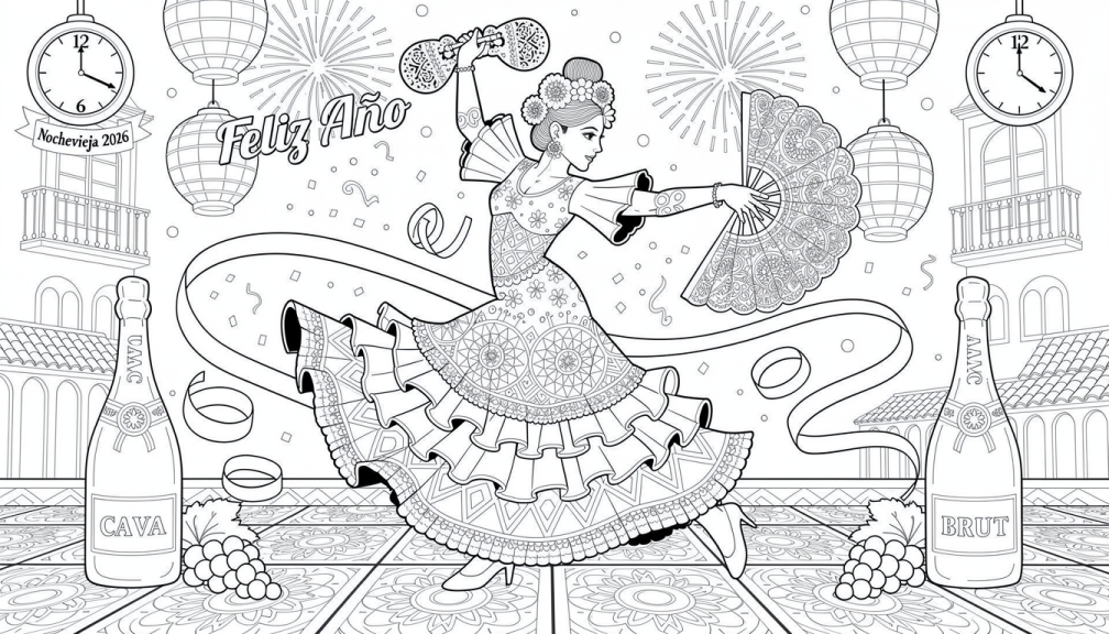 Una bailaora de flamenco celebra la Nochevieja 2026 con castañuelas y abanico entre decoraciones festivas españolas y fuegos artificiales.