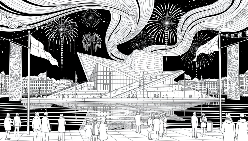 Una página para colorear del panorama del puerto de Oslo en Nochevieja 2026 con la Ópera, auroras boreales y fuegos artificiales.