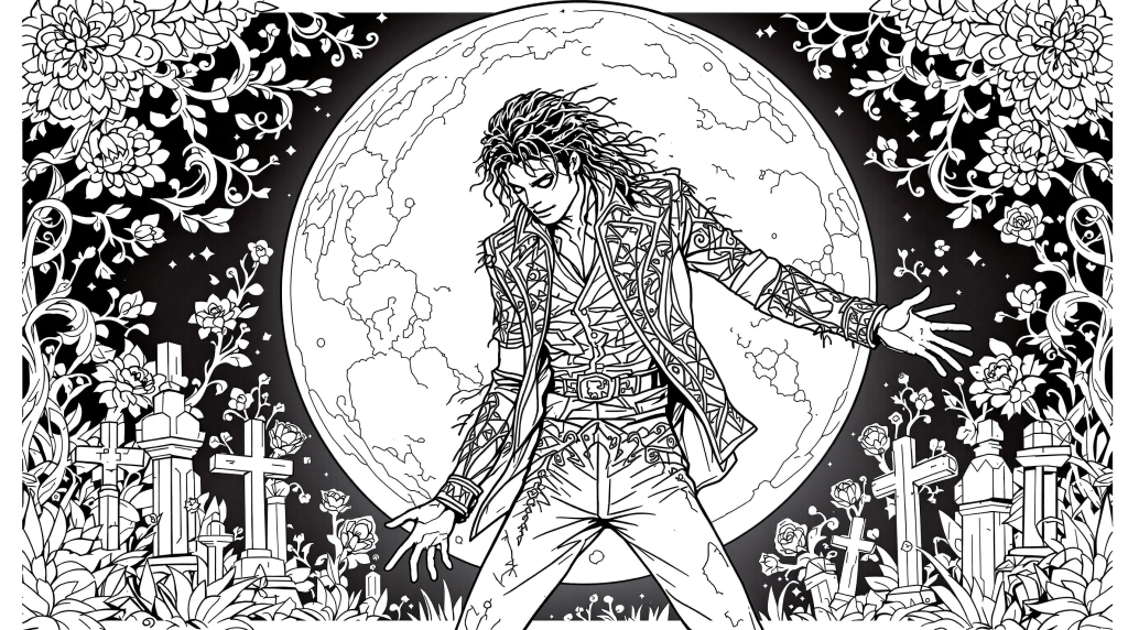 En detaljeret Michael Jackson Thriller farvelægningsside med Pop-kongen i en ikonisk dansepose med gotisk kirkegårdsbaggrund.