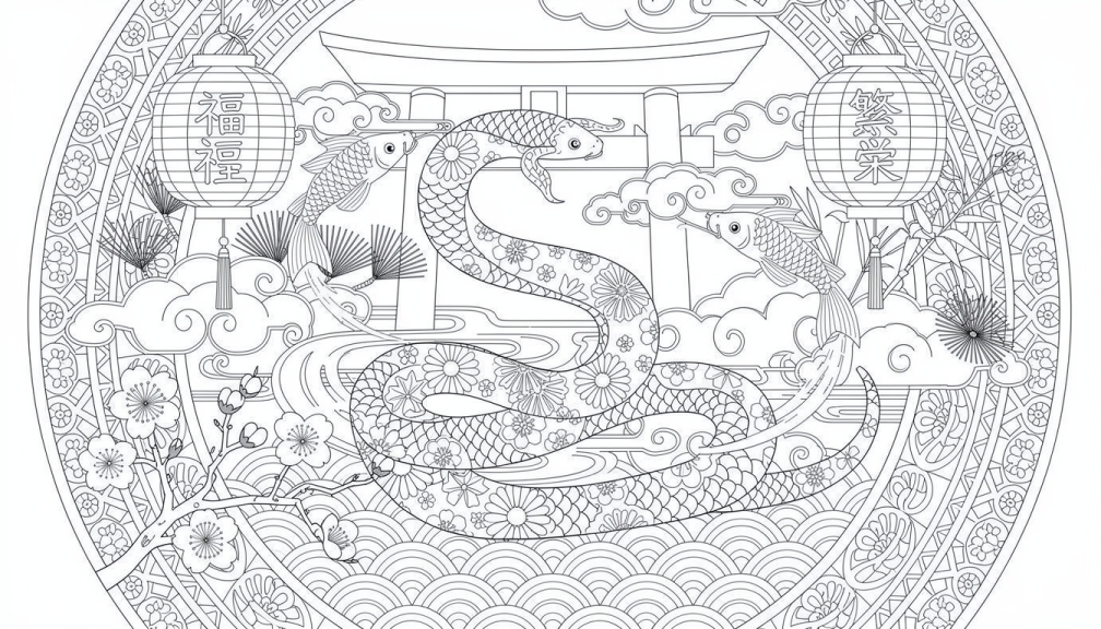Una elegante página para colorear de la serpiente del zodíaco chino para 2026 en estilo japonés tradicional con detalles ornamentales intrincados.