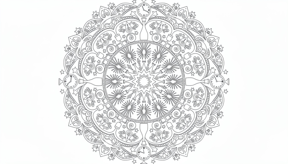 Una página para colorear de mandala circular intrincado presenta patrones de paisley ornamentados y motivos florales que irradian desde un centro de estrella detallado.