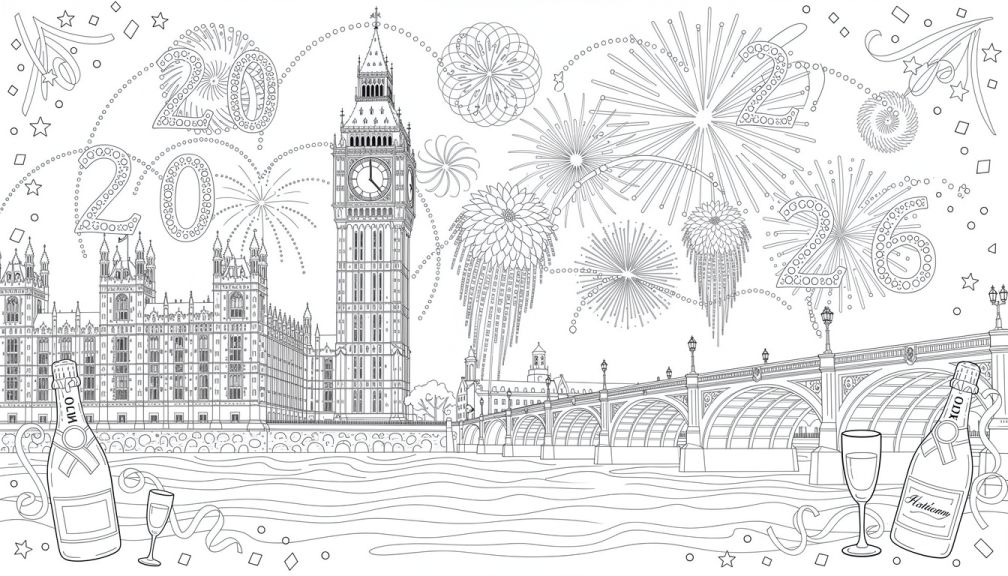 Torre del reloj Big Ben marcando la medianoche en Nochevieja 2026 con fuegos artificiales sobre el Palacio de Westminster y el río Támesis.