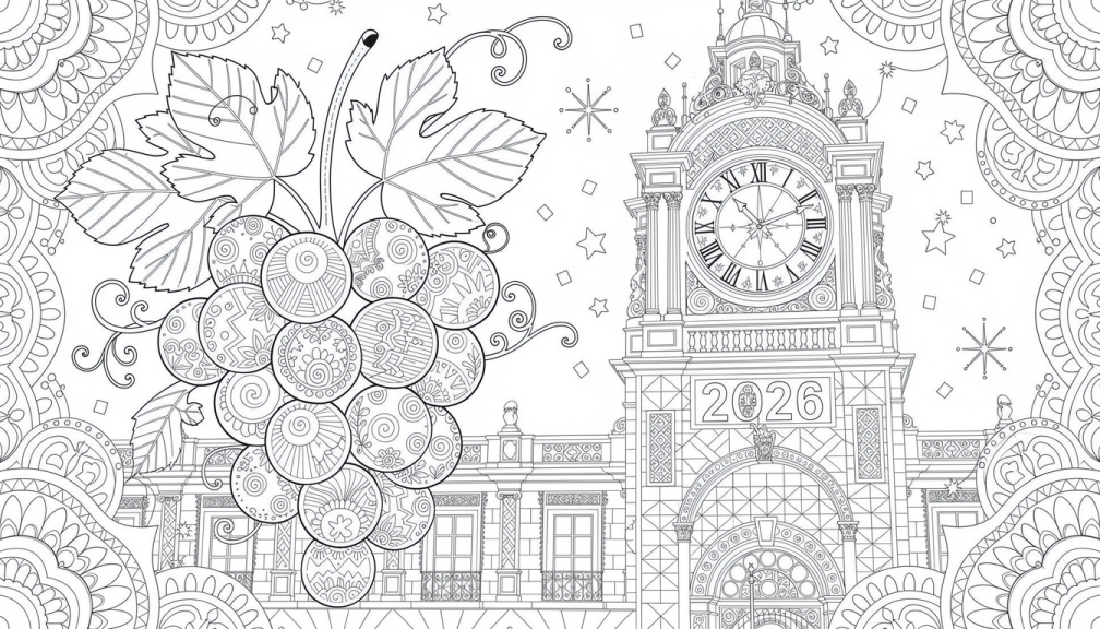 Una página para colorear de Año Nuevo español con doce uvas de la suerte decoradas con mandalas ante la torre del reloj de la Puerta del Sol de Madrid mostrando medianoche y 2026.