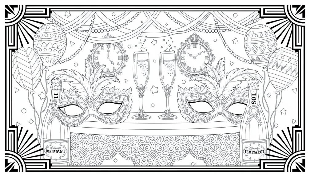 Una elegante página para colorear de Nochevieja con máscaras venecianas simétricas, copas de champán y decoraciones Art Déco.