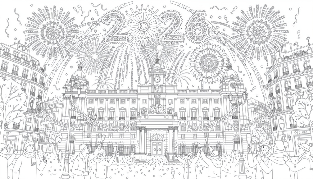 Una página para colorear detallada del horizonte de Madrid con el Palacio Real, fuegos artificiales y la celebración de Nochevieja 2026 con monumentos arquitectónicos.