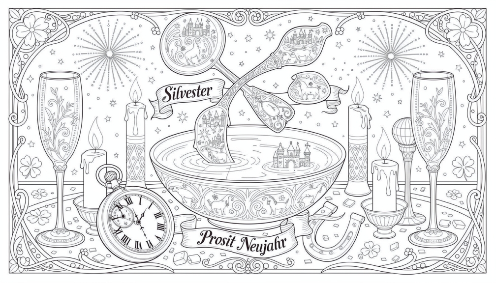 Uma página para colorir simétrica de Ano Novo alemão Bleigießen apresenta colheres ornamentadas, motivos de castelos e elementos decorativos Art Nouveau.