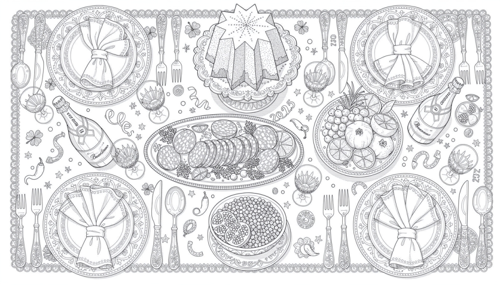 Uma página de colorir de mesa de jantar elaborada de Véspera de Ano Novo italiana apresentando pratos tradicionais do Cenone di San Silvestro vistos de cima com detalhes decorativos intrincados.