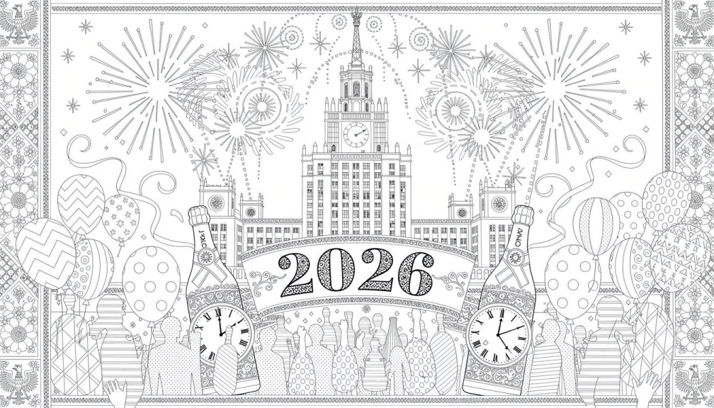 Una página para colorear detallada de Nochevieja 2026 que presenta el Palacio de la Cultura de Varsovia con fuegos artificiales, árboles navideños y decoraciones festivas.