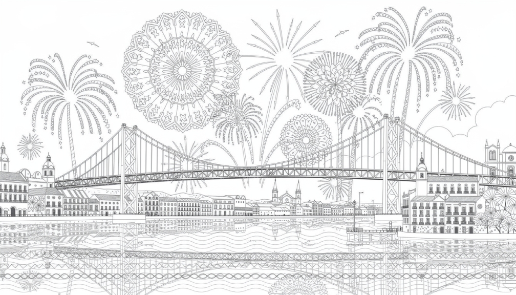 Um desenho detalhado a preto e branco captura a celebração de Ano Novo em Lisboa com fogo de artifício sobre o rio Tejo e a Ponte 25 de Abril.