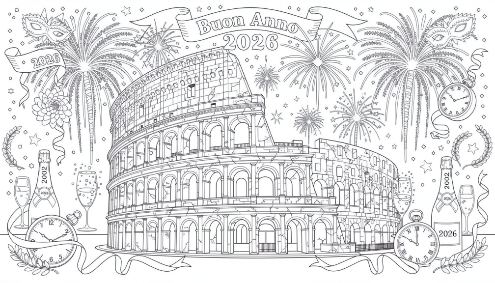 Uma página de colorir detalhada para adultos apresentando o Coliseu de Roma celebrando a véspera de Ano Novo 2026 com fogos de artifício espetaculares.
