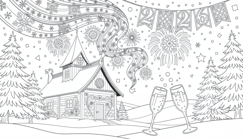 Una página para colorear sofisticada del Año Nuevo Noruego 2026 con auroras boreales, fuegos artificiales y una iglesia de madera tradicional.