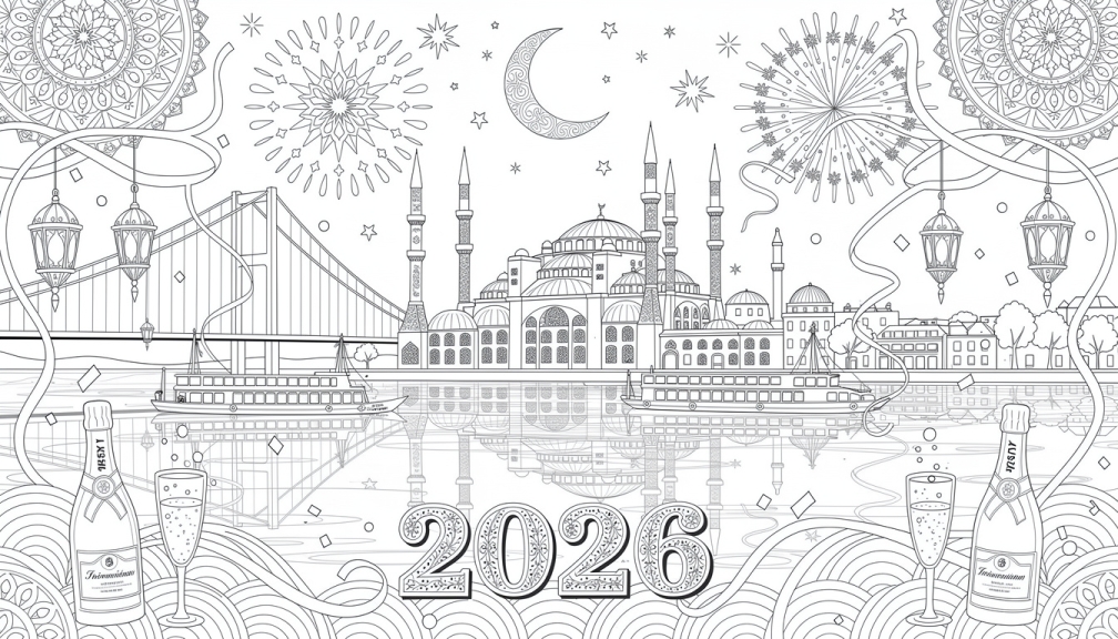 Una página para colorear del horizonte de Estambul con mezquitas icónicas, el Puente del Bósforo y fuegos artificiales elaborados de Año Nuevo 2026 en diseño simétrico.
