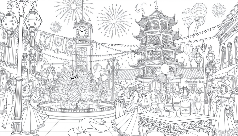Una detallada página para colorear de la celebración de Año Nuevo estilo victoriano en los Jardines Tivoli de Copenhague con pagoda china ornamentada y fuegos artificiales.