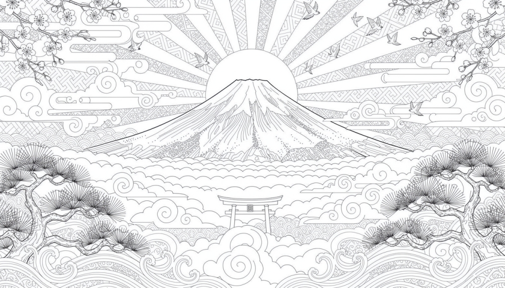 Una página para colorear intrincada del amanecer en el Monte Fuji celebrando la tradición japonesa de Hatsuhinode de Año Nuevo 2026 con nubes ornamentales y patrones decorativos tradicionales.