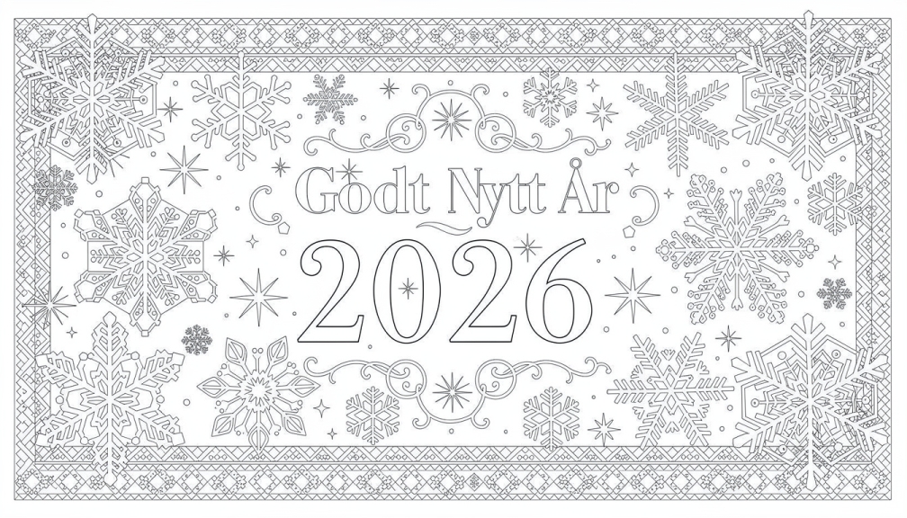 Una sofisticada página para colorear de Año Nuevo Noruego 2026 con tipografía 'Godt Nytt År 2026' rodeada de intrincados copos de nieve y estrellas nórdicas.