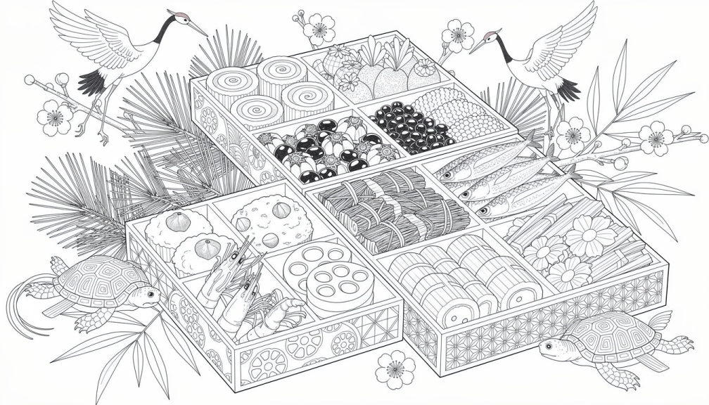 Una elaborada página para colorear de Osechi Ryori japonés con platos tradicionales de Año Nuevo dispuestos artísticamente en elegantes cajas jubako.