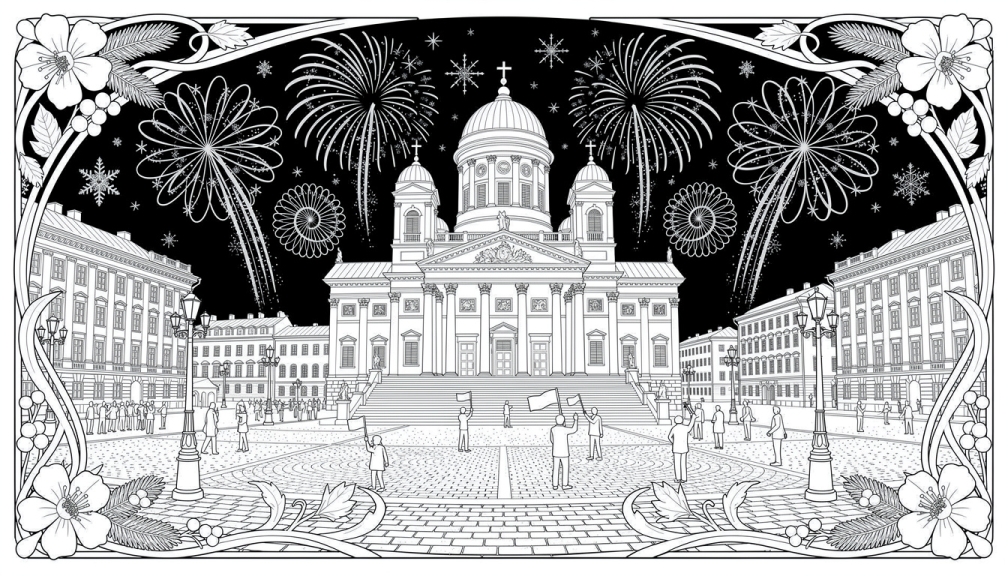 Una página para colorear en blanco y negro con composición simétrica que presenta la Catedral de Helsinki rodeada de fuegos artificiales de Nochevieja, bordes Art Nouveau ornamentados con flores de hibisco y motivos decorativos del invierno finlandés.
