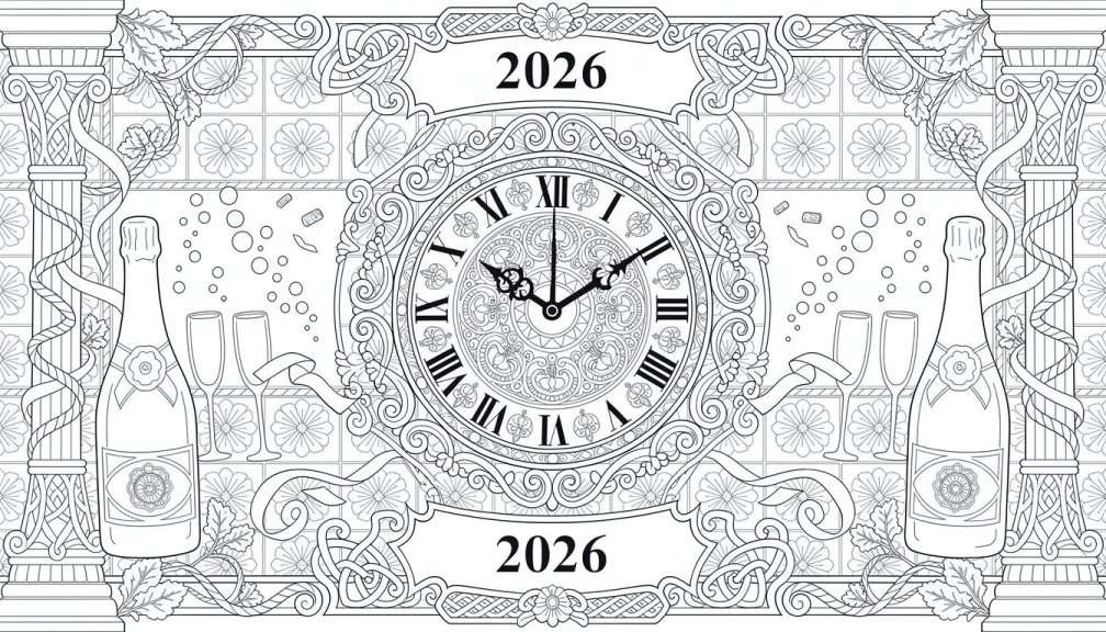 Uma página de colorir ornamentada da Passagem de Ano portuguesa 2026 com um relógio detalhado, garrafas de champanhe e padrões de azulejos.