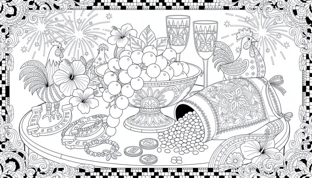 Uma elaborada página para colorir com tradições portuguesas e brasileiras de Ano Novo apresentando doze uvas, lentilhas, amuletos da sorte e decorações festivas com padrões barrocos intrincados na moldura.