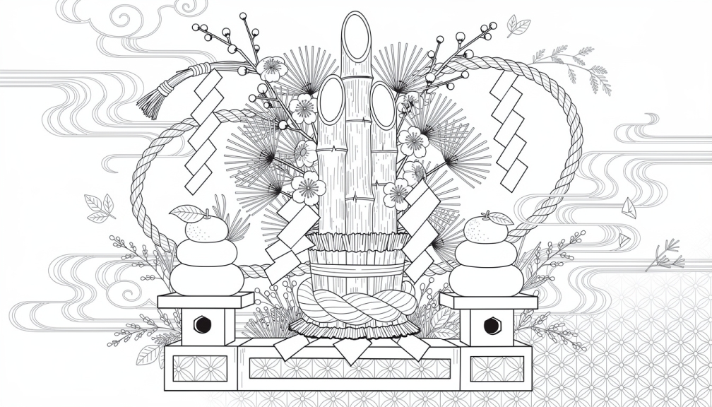 Una página para colorear detallada del Año Nuevo Japonés 2026 con kadomatsu tradicional, kagami mochi y decoraciones shimenawa con detalles botánicos elaborados.