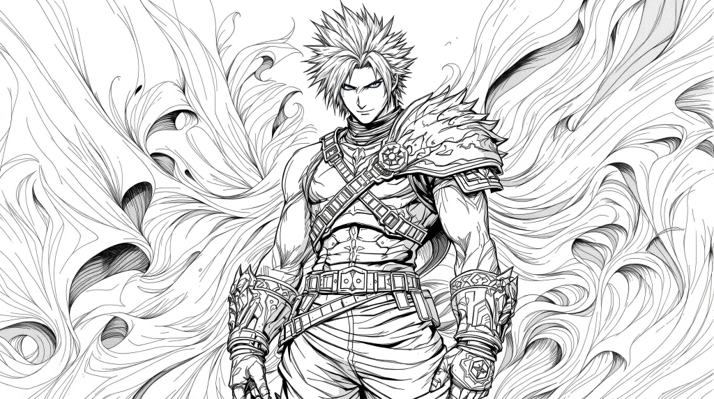 Cloud Strife z Final Fantasy VII stoi w heroicznej pozie frontalnej otoczony dramatycznymi wirującymi wzorami energii na tej skomplikowanej czarno-białej stronie do kolorowania.