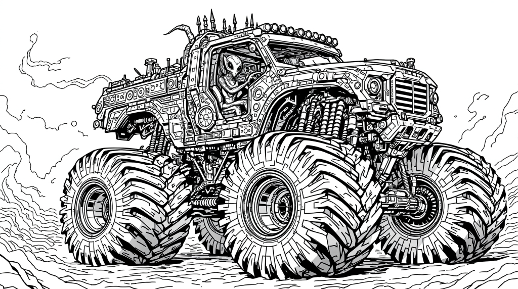 A dynamic monster truck coloring page featuring a humanoid driver crushing through rough terrain with six massive wheels.