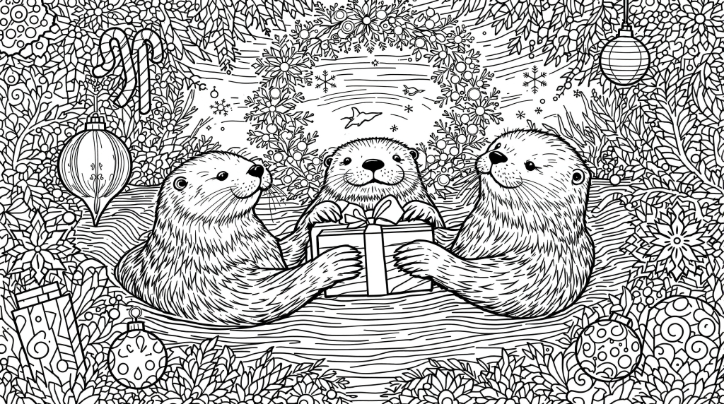 Una página para colorear de nutrias navideñas con diseños intrincados que presenta tres adorables nutrias marinas rodeadas de patrones decorativos ornamentados y adornos navideños.