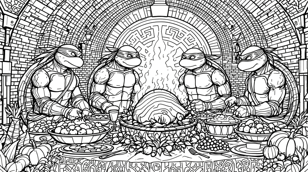 A complex Teenage Mutant Ninja Turtles Thanksgiving coloring page featuring all four turtles celebrating around an elaborate feast table.
