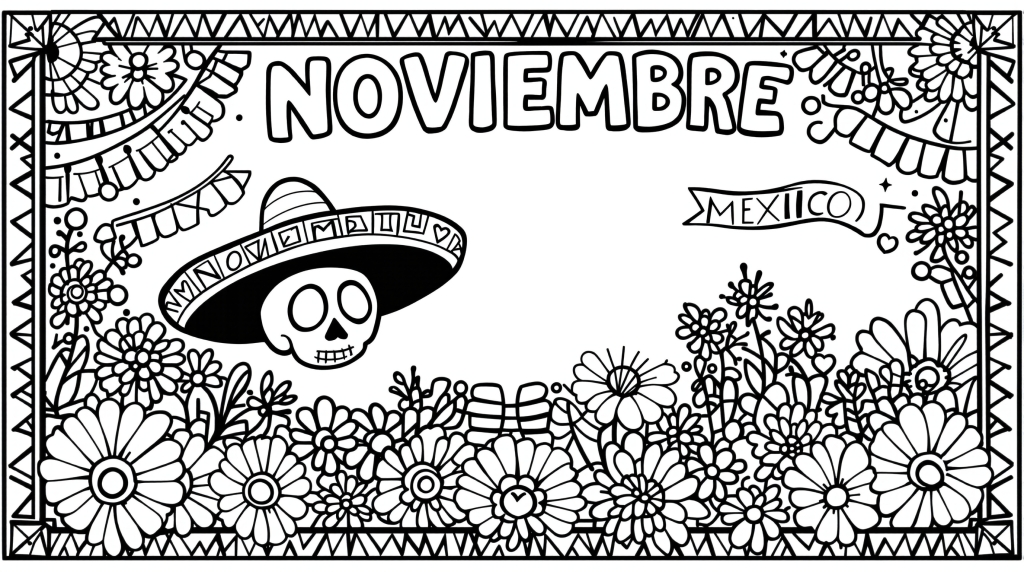 11月のメキシコ・死者の日の学校ノートカバー塗り絵 - メキシコ伝統文化デザイン