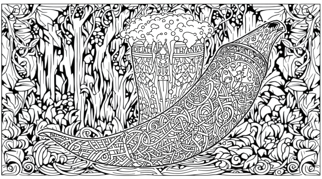 泡立つビールで満たされた装飾的なヴァイキングの角杯が、精巧な装飾の塗り絵ページに斜めに配置されたデザイン