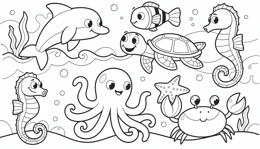 A4 formatında kalın konturlu dostça deniz hayvanları içeren büyüleyici okyanus canlıları boyama sayfası.