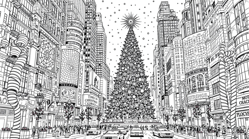 A detailed Times Square Christmas coloring page featuring towering buildings and festive holiday decorations.