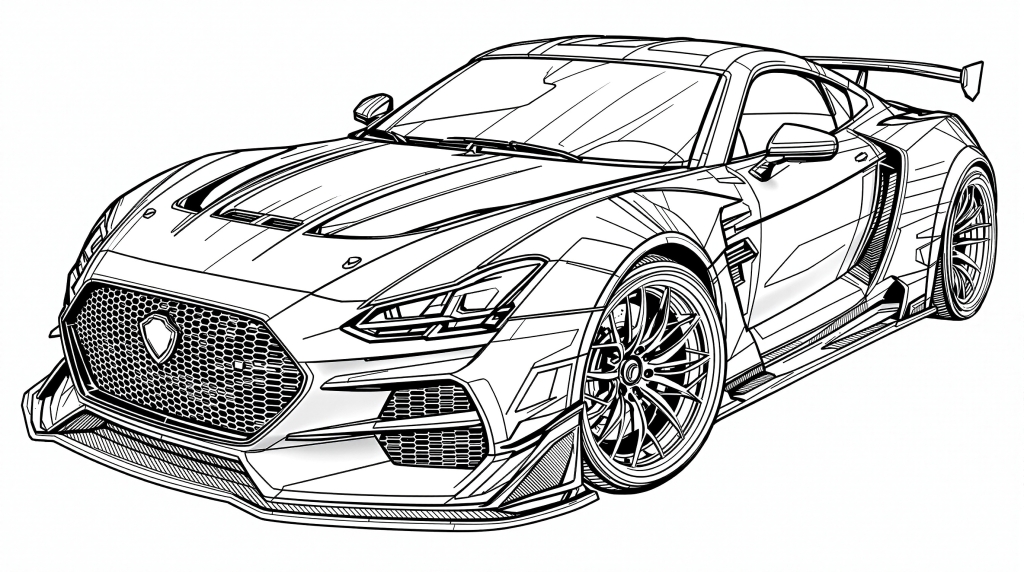 A highly detailed sports car coloring page featuring an isometric front view with intricate aerodynamic elements.