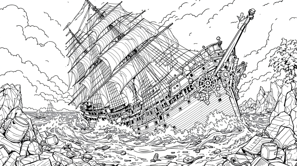 難破船の塗り絵 - 岩礁に座礁した帆船と生存者、財宝が散らばる精緻な海洋シーン