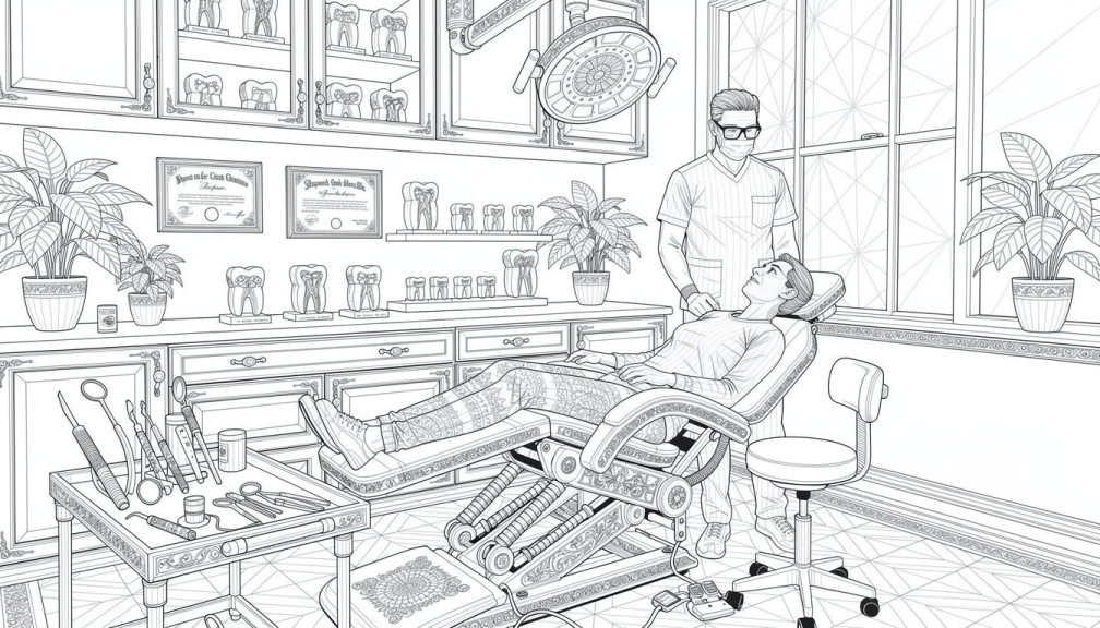 En svært detaljert tannlegekontor fargeleggingsside som viser en dyktig tannlege som undersøker en pasient i et profesjonelt klinisk miljø.