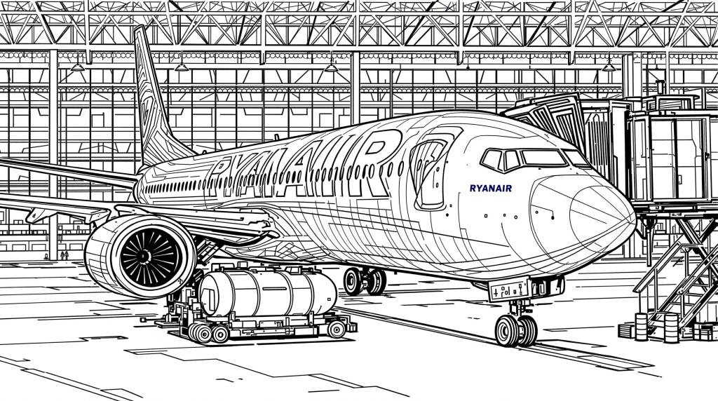 A detailed coloring page featuring a Ryanair Boeing 737 MAX 8 aircraft in a maintenance hangar with ground service equipment.