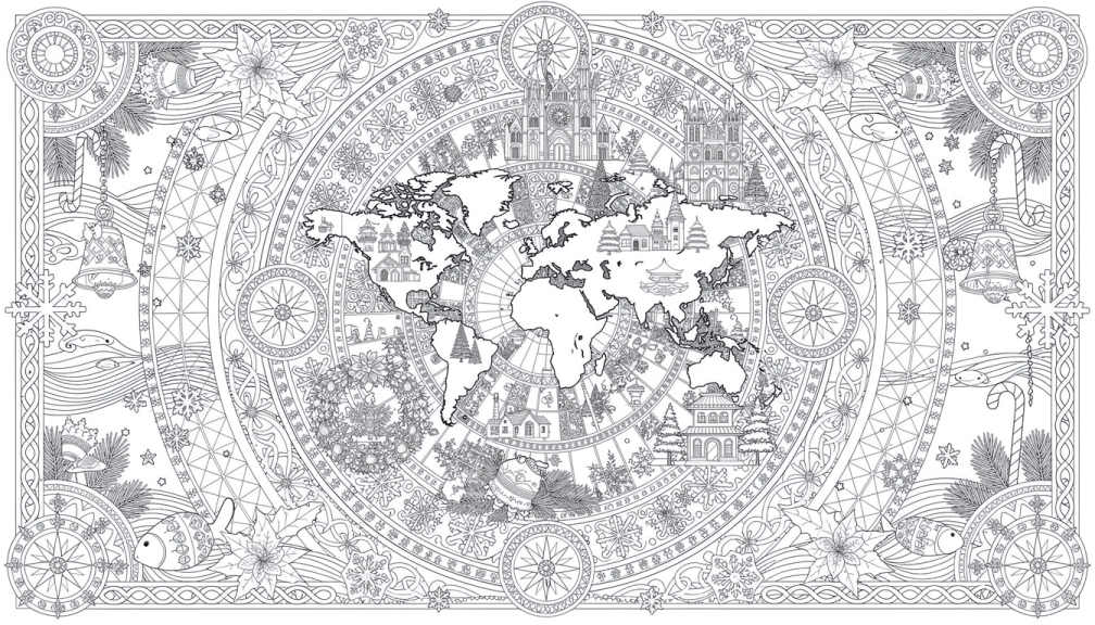 An intricate Christmas mandala coloring page featuring a detailed world map with festive ornaments and architectural landmarks in A3 format.