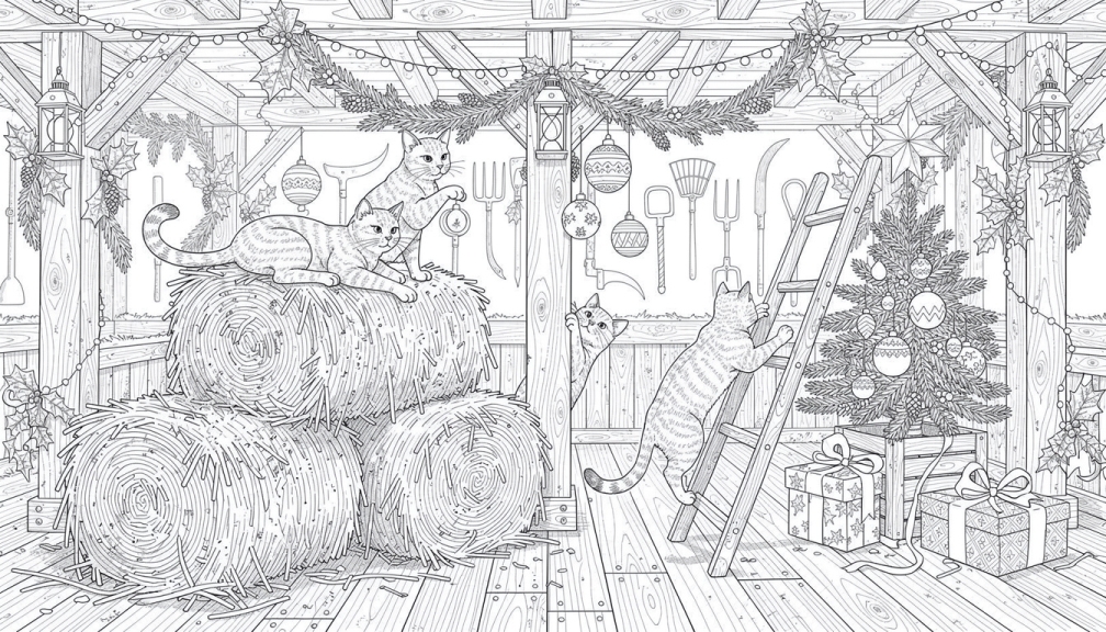 Un coloriage de grenier à foin rustique avec des chats jouant parmi les décorations de Noël, les balles de foin et les outils agricoles vintage.