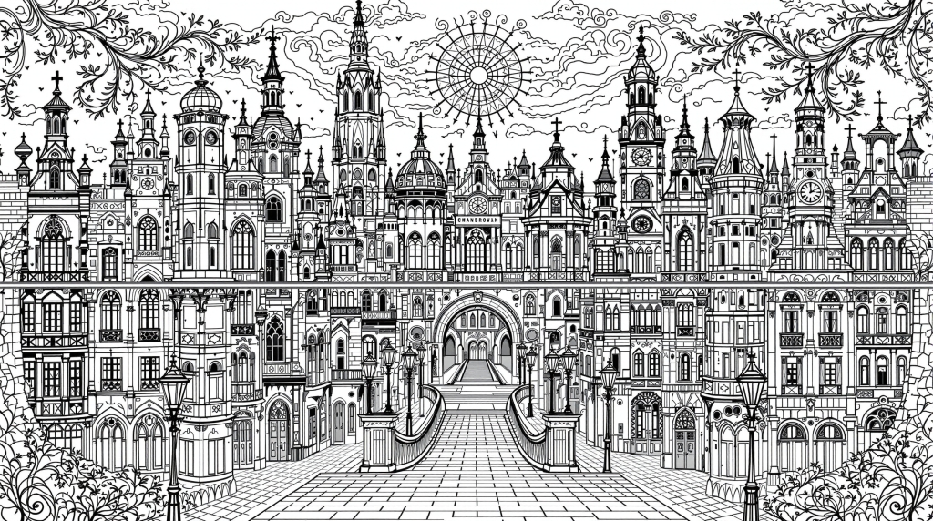 豪華な建築物と装飾的なアーチ橋を中心とした精巧な都市風景の塗り絵ページ、バロック様式の装飾枠付き