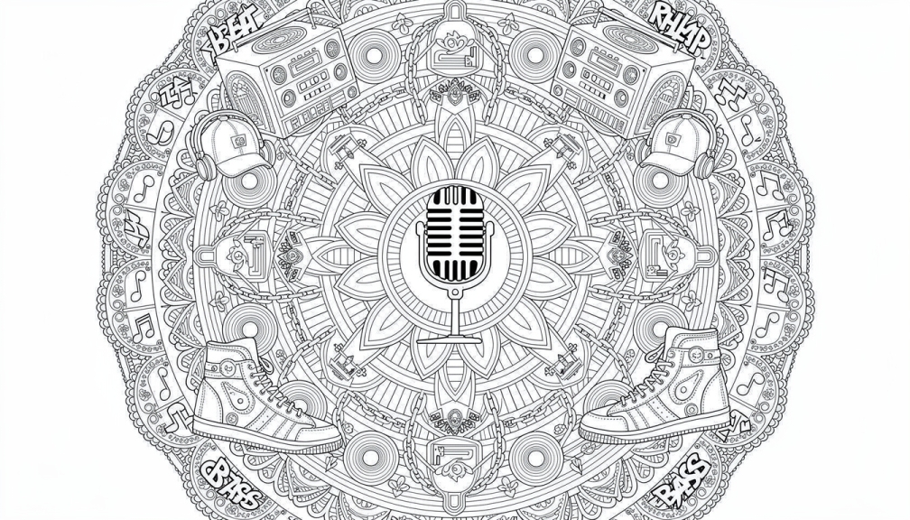 Mikrofonlar, müzik setleri, pikap ve hip-hop tipografisi gibi rap müzik kültürü unsurlarını içeren detaylı dairesel mandala boyama sayfası.