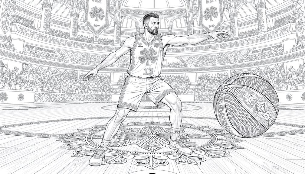 En fargeleggingsside av den legendariske Panathinaikos basketballspilleren Dimitris Diamantidis i defensiv posisjon med intrikate greske mønstre og utsmykkede arenadetaljer.