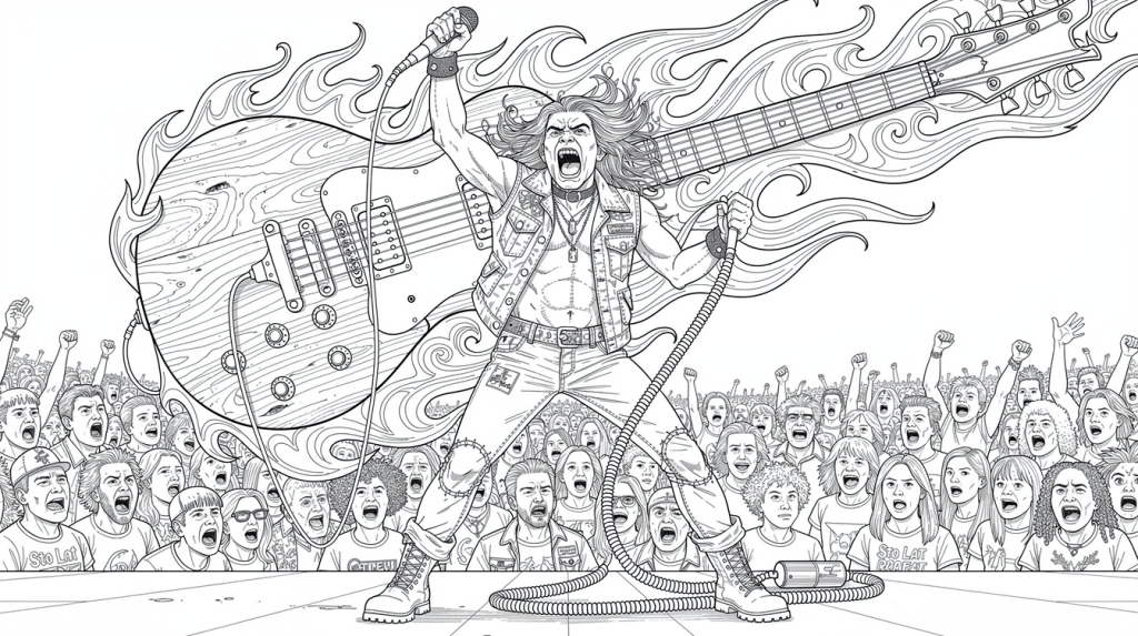 A rock vocalist belts out 'Sto Lat Rafał' on stage while a guitar burns behind him and the crowd goes wild.