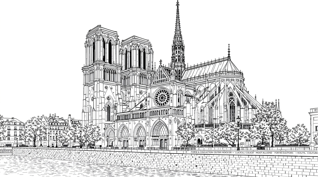 パリのノートルダム大聖堂の精密な建築線画 - ゴシック様式とセーヌ川沿いの視点を描いた大人の塗り絵