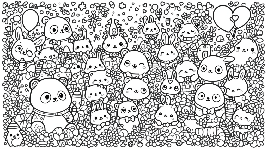 かわいい動物たちの癒し系カラーリングページ - パンダ・うさぎ・猫・犬などの楽しいシーンが描かれた大人の塗り絵