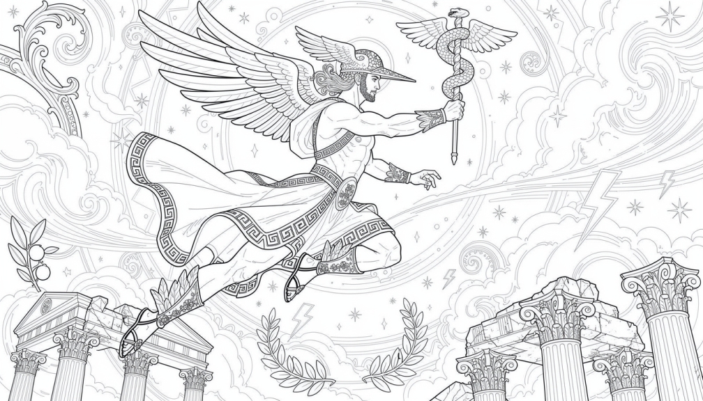 Hermes soars upward through baroque clouds, divine messenger wings spread wide.