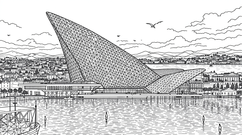オスロオペラハウスの精密な建築デザイン - 大人の塗り絵ページ（白黒線画）